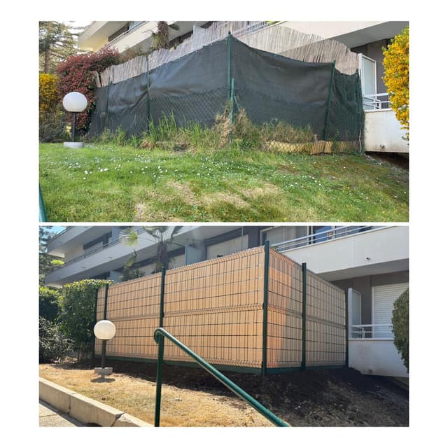 Pose d'une clôture rigide avec occultation devant un immeuble, avant et après