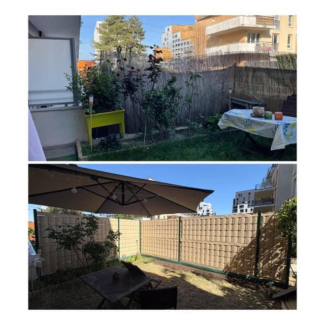 Rénovation d'un jardin d'immeuble avec clôture occultante, avant et après