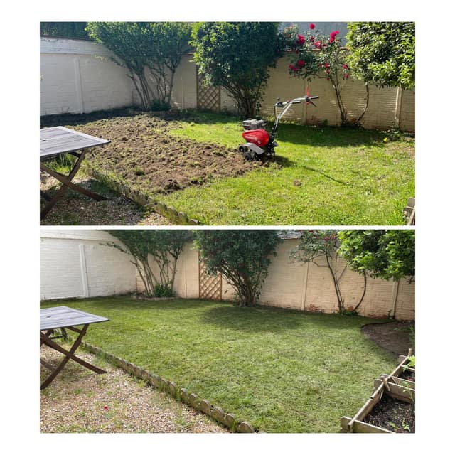 Avant / après pose de gazon : terrain préparé au motoculteur puis pelouse verte dans un jardin clos