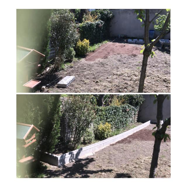 Pose de bordures béton pour délimiter un massif et une future pelouse