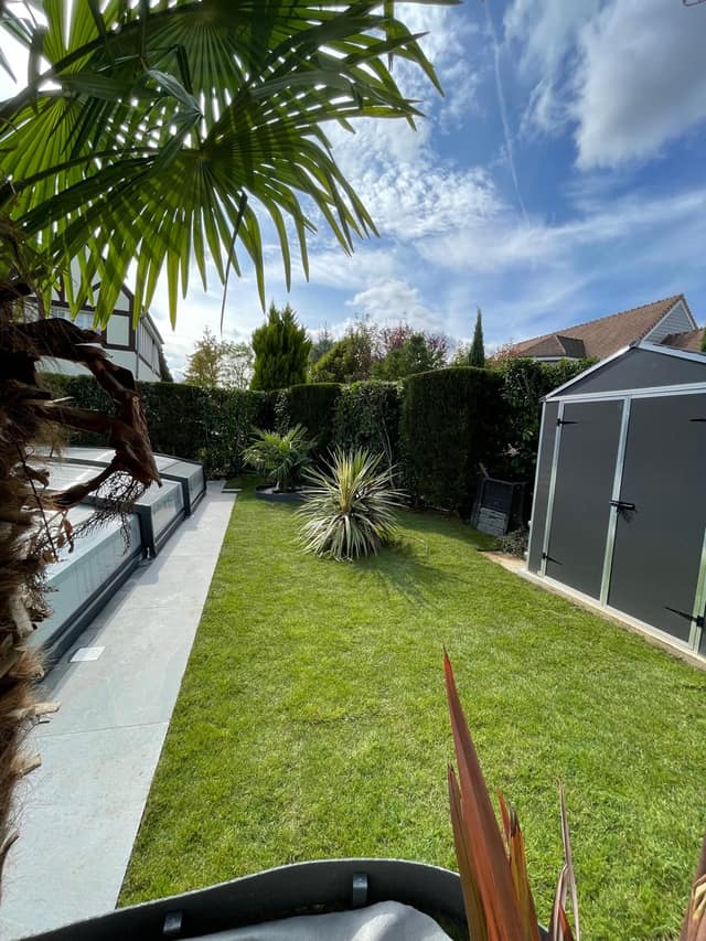 Jardin paysager autour d'une piscine avec gazon, palmiers et haies taillées